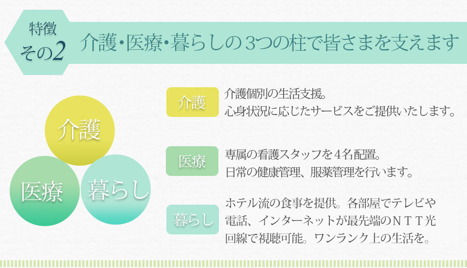 介護・医療・暮らしの3つの柱で皆様を支えます